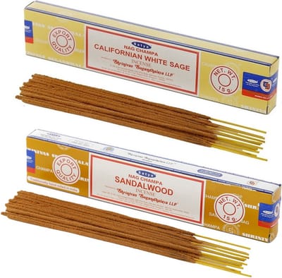 Satya Wierook cadeaus set - 2x geurstokjes - Sandelhout en Witte Salie geur - Meditatie