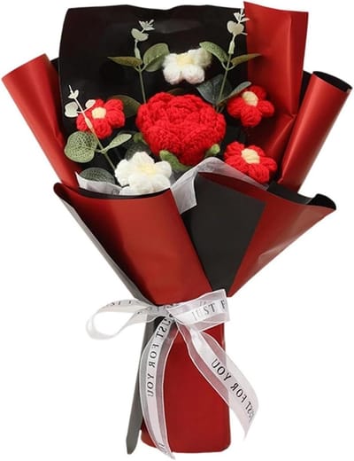 Haakbloemen Boeket - Gebreide Bloemen - Decoratie Huis - Handgemaakt - 7.3D x 20B x 7.3H cm - Rood
