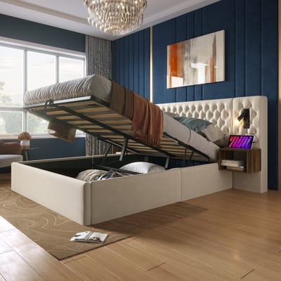 MODENUIT Gestoffeerd bed 180x200 cm – Hydraulisch opbergbed met 2 nachtkastjes – Leeslamp en USB-C – Zonder matras – Beige