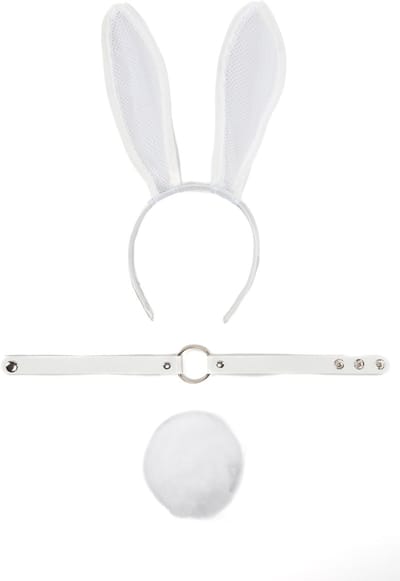 KIMU® Haarband Set Bunny Wit Gaas - Konijn Oren, Staart & Choker - Diadeem Konijnenoren Mesh - Playboy Sexy Oortjes Rave Paashaas Festival