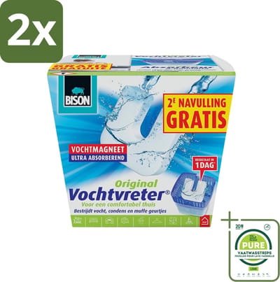 Bison - Vochtvreter - Neutraal - Voor Woonruimtes, Campers & Caravans - 900 g + 2 Extra Navulmagneten - Voordeelverpakking - 2 stuks - Vochtbestrijding - Vochtvanger