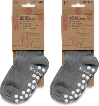 KipKep Blijf-Sokjes 2 paar met antislip - maat: 18-24 maanden - Pebble Grey - Grijs - Bio-katoen - Voordeelpak