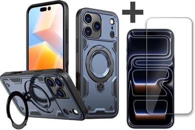 Hoesje Geschikt voor iPhone 17 Pro met gehard glas Screenprotector - Armor hoes met Ringhouder - Arara backcover - Donker Blauw
