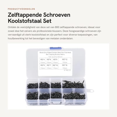 Dailygoods- Zelftappende Schroeven 800 Stuks - Koolstofstaal - Platte Phillips - Schroevenset - Industrieel Gebruik - Kwaliteitsproducten