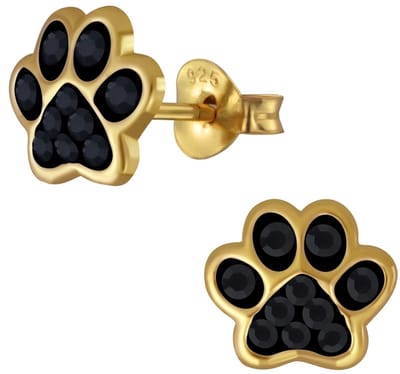 Joy|S - Zilveren kat hond dierenpoot oorbellen - kristal zwart - gold plated