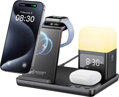 6 in 1 Draadloze oplader Pro met Wekker en Nachtlampje - 15 Watt Snellader - Draadloos Oplaadstation - Geschikt voor iPhone en Android