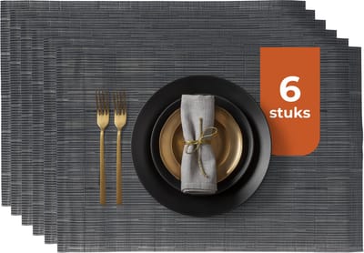 Castagnola Placemats - Placemat van Kunststof - Onderlegger - Onderzetter - Placemats Plastic en PVC - 6 Stuks - 45 x 30 cm - Zwart