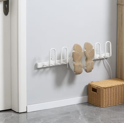 MEUNIQ elektrische schoendroger voor wandmontage 76 x 13 x 17 cm, wanddroger voor 3 paar schoenen, laarzen, handschoenen en sokken, wit