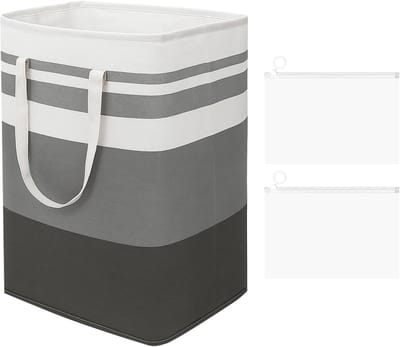 Vouwbare Wasmand 75L in Grijs en Wit met 2 Opbergzakken, Ideaal voor Slaapkamer, Badkamer en Studentenhuis, Ruime Wasverzamelaar met Handvat
