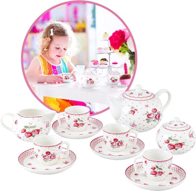 Kinderservies Theeset Roze Bloem & Stippen - Echte Porselein voor Kinderthee Feestjes