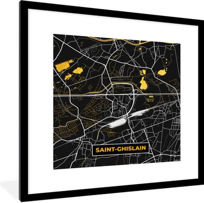 Fotolijst incl. Poster - Kaart - Plattegrond - Saint-Ghislain - Gold - Stadskaart - 40x40 cm - Posterlijst