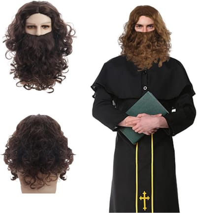 Langbruin Cosplay Peruk en Baard voor Mannen - Jezus Kostuum met Lange Krullen voor Halloween en Carnaval