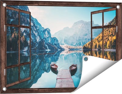 Gards Tuinposter Doorkijk Twee Bootjes op het Meer in de Bergen - 60x40 cm - Tuindoek - Tuindecoratie - Wanddecoratie buiten - Tuinschilderij