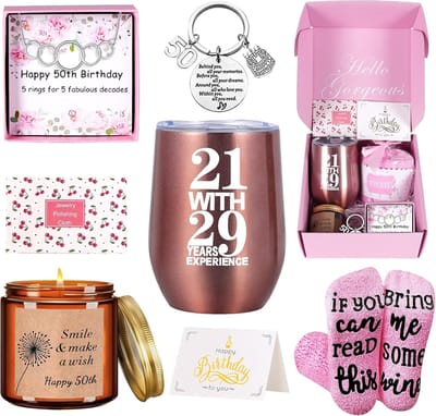 Unieke gepersonaliseerde geschenkmanden voor 50e verjaardag van vrouwen
