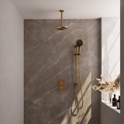Brauer Gold Carving Thermostatische Regendoucheset Inbouw - Hoofddouche 20 cm - 3 Weg - Handdouche 3 Standen - Doucheslang - Geintegreerde Glijstang - Geborsteld Goud
