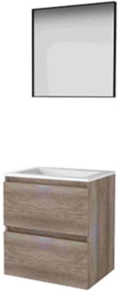 Basic-Line Framed 46 Badkamermeubelset - 60 x 46 cm - Greeploos - 2 Lades - Acryl Wastafel - Zonder Kraangat - Spiegel met Zwart Aluminium Frame - Scotch Oak