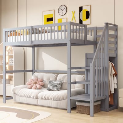 MEUNIQ Hoogslaper 90x200 met trap, opbergruimte en kledingkast, kinderbed met lattenbodem en veiligheidshekken voor kinderkamer, grijs