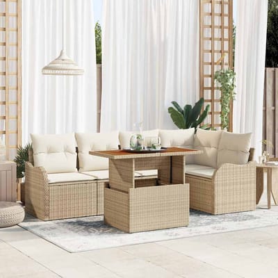 vidaXL - Tuinbank - Set - met - kussen - 6 - pcs - Beige - en - Crème - poly - rattan