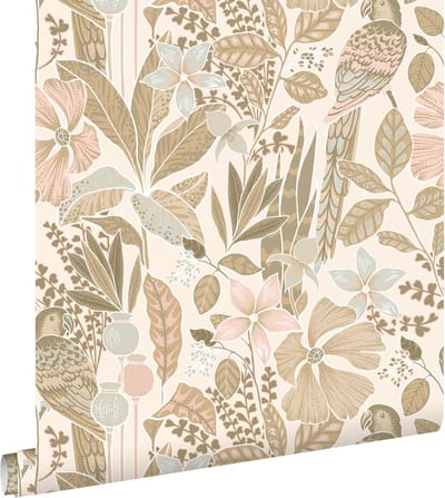 ESTAhome behang tropische bloemen en paradijsvogels zand beige - 50 x 900 cm - 131156