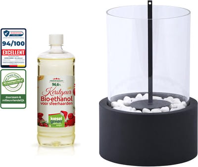 Fancy Flames Bioethanol sfeerhaard zwart rond glas 27x16cm met decoratiestenen + 1 liter KieselGreen Bioethanol premium Kerstgeur