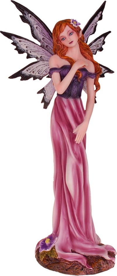Beeldje Fantasy Elf/Fee - Paars/Roze met Hand over Borst & Bloem in Haar - Vlindervleugels - Medium - Polyresin - 24x13cm