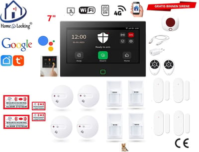 Draadloos / bedraad alarmsysteem met 7-inch touchscreen voor woning/camper/boot/caravan werkt met wifi en sim kaart en met spraakgestuurde apps. (Nederlands of Frans stem en tekst). ST01B-51