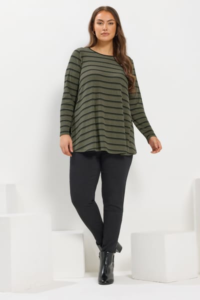 Yours Khaki Groene Gestreepte Geribbelde Swing Top Size 42
