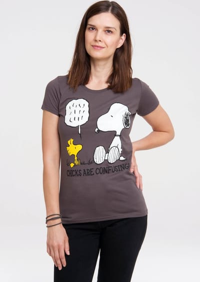 Logoshirt Vrouwen T-shirt Snoopy - Peanuts - Chicks Are Confusing - Shirt met ronde hals van Logoshirt - donkergrijs