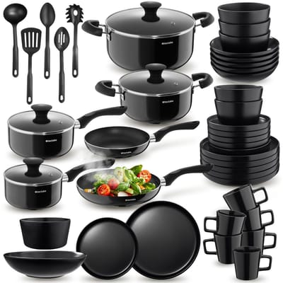 tectake® Complete Kookgerei Set voor 6 Personen - 45-delige Keukengerei Set met Servies en Pannen - Pannenset met Koekenpan - Serviesset - Magnetron- en Vaatwasserbestendig - Keukenset Perfect voor Starters - Geschikt voor Inductie - Zwart
