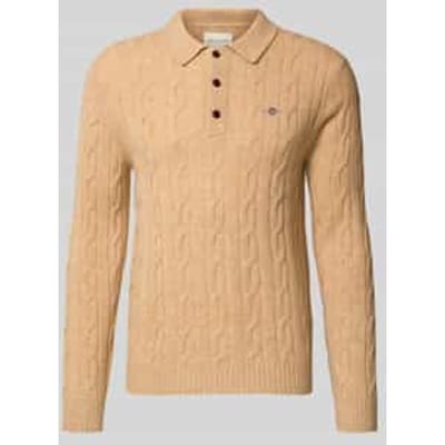 Gant Trui Lambswool Cable Polo Collar Pullover Khaki Melange / male