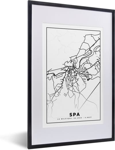 Fotolijst incl. Poster Zwart Wit- België – Spa – Stadskaart – Kaart – Zwart Wit – Plattegrond - 40x60 cm - Posterlijst