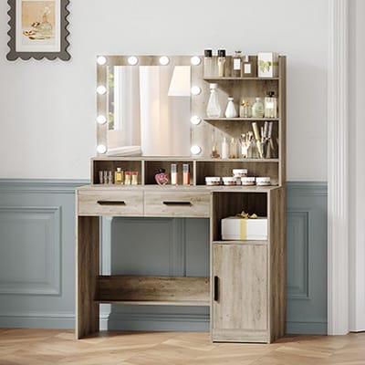 Kaptafel met Spiegel en 10 Ledlampen, Make-Uptafel met 3 Planken en 4 Compartimenten, 2 Lades, Instelbare Lichtsterktes