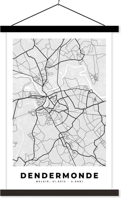 Posterhanger incl. Poster 40x60 cm - Schoolplaat - Stadskaart – Zwart Wit - Kaart – Dendermonde – België – Plattegrond - Textielposter - Zwarte latten - Stadskaart