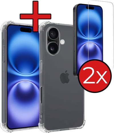 Hoesje - Met Screenprotector - 2 Stuks - Geschikt voor Apple iPhone 16 - Sterk & Shockproof - Back Cover - Siliconen Case - Telefoon Hoes - Shock Proof - Telefoonhoes - Transparant