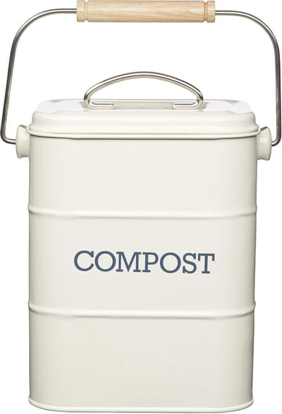 Famanu - RVS compostemmer 3 liter met deksel, antiek crème wit, geurfilter en handvat – stijlvol keukenmodel