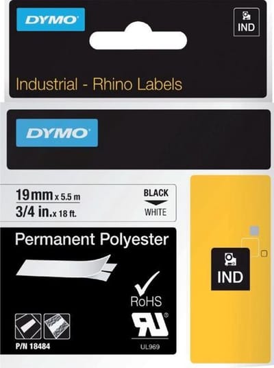 Labeltape DYMO IND RHINO 18765 Polyester Tapekleur: Wit Tekstkleur:Zwart 19 mm 5.5 m
