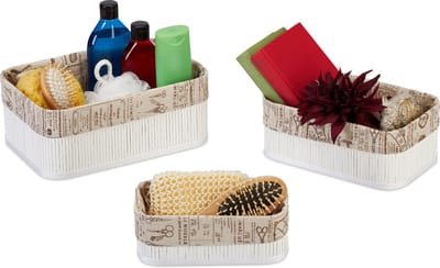 mandjes badkamer - set van 3 - bamboe - stof - 3 groottes - rechthoekig - wit