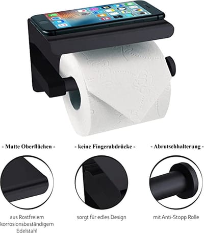 Finnacle - WC-Rolhouder met Telefoonhouder/-Haken - Zelfklevend/Boren - Zwart - Incl. Handdoekhaakjes