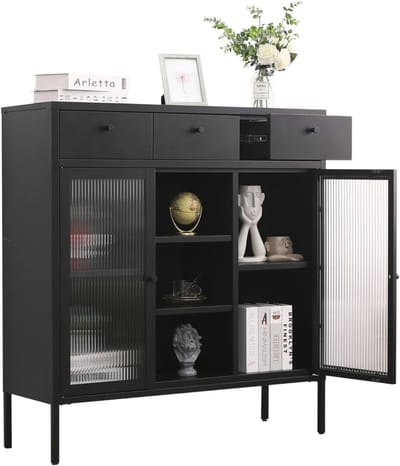 Coemo Ladekast Mein-Regal hoge kast Paris ladenkastje met 3 laden zijkast woonkamer metalen kastplank 2 glazen deuren, vitrinekast voor boeken en decoratie LxBxH ca. 105x35x110 cm