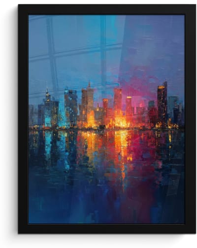 Poster in lijst - Fotolijst 30x40 cm - Posters - Skyline - Penseelstreken - Donkerblauw - Lichtgevend - Posterlijst zwart - Decoratie - Wanddecoratie woonkamer - Muurdecoratie slaapkamer