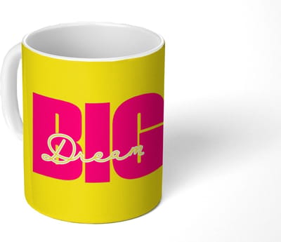 Mok - Koffiemok - Dream big - Geel - Roze - Mokken - 350 ML - Beker - Koffiemokken - Theemok