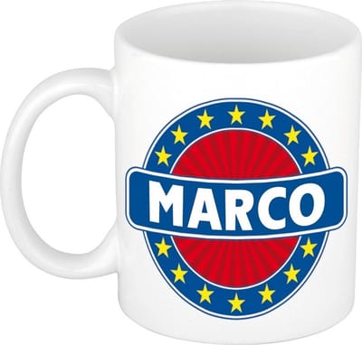 Bellatio Decorations - Marco voornaam - koffiemok - beker - wit/blauw - 300 ml - Cadeau - Heren - Collega - Vaderdag - Verjaardag