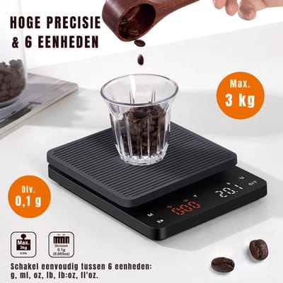 DnA® Precisie Weegschaal - Koffie Weegschaal - Keuken Weegschaal - Koffie Weegschaal met Timer - Zwart - 17cm x 13cm x 4cm