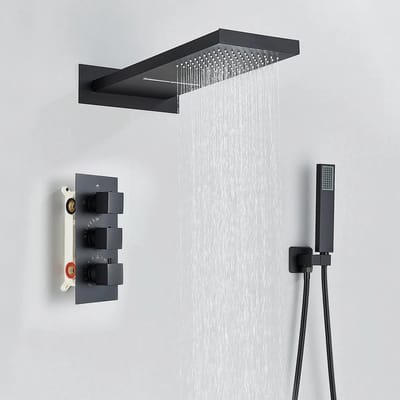 Douche - Regendouche - Douchewand - Douchekolom - Douchepanelen - Waterval & Regendouche Set - Matte Zwart - Thermostatische Inbouw Douchemengkraan