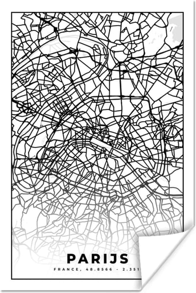 Poster Parijs - Stadskaart - Zwart Wit - Plattegrond - Kaart - 120x180 cm XXL