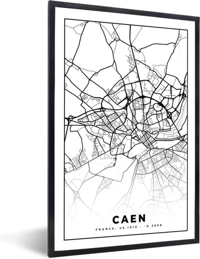 Fotolijst incl. Poster Zwart Wit- Kaart - Caen - Stadskaart - Frankrijk - Plattegrond - Zwart wit - 40x60 cm - Posterlijst