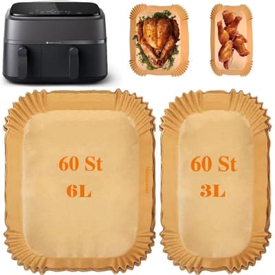 Namajunas - Bakpapier airfryer - Bakpapiervellen - Geschikt voor Philips Dual Basket Airfryer 3000-serie en 5000-serie (6L/3L) – modellen NA350/300 en NA550/500 - 120 Stuks - Airfryer Wegwerpbakjes - Geschikt voor Philips 9L heteluchtfriteuse