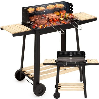 Springos Houtskool barbecue -Op Wielen - BBQ - Asopvangbak - Kunststof - RVS - Zwart - Houtlook - 5 Standen