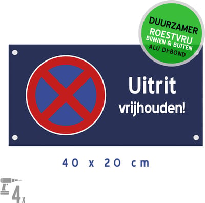 Pictogram/ bord Dibond + boorgaten | "Uitrit vrijhouden!" | 40 x 20 cm | Donkerblauw | Duurzaam | Niet voor de poort parkeren | Roest niet | Roestvrij | Sterk materiaal | Duurzaam | 1 stuk