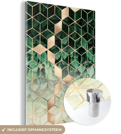 MuchoWow® Glasschilderij 120x160 cm - Schilderij acrylglas - Bladeren - Goud - Patronen - Kubus - Luxe - Foto op glas - Schilderijen